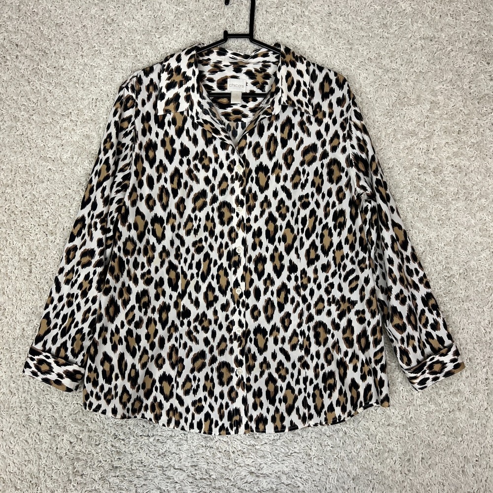 Chicos 3 Leopard Print Shirt Womens XL Black Brown Mob Wife Career Office Preppy